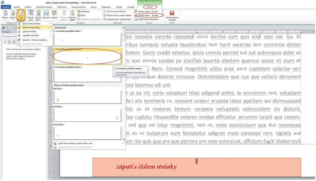WORD šablony, zápatí a čísla stran, TiskovyExpress.cz